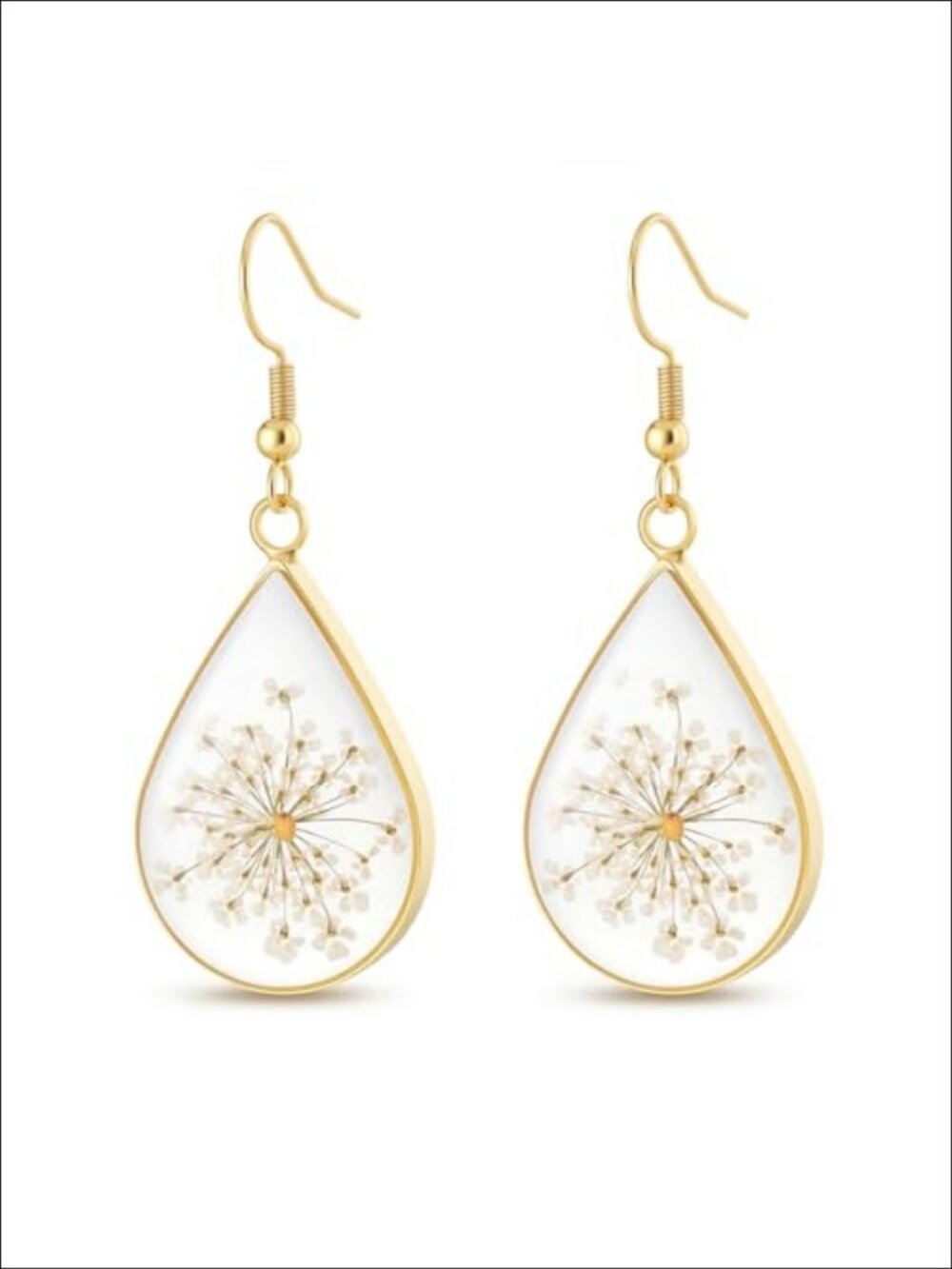 Real Pressed Flower Teardrop Earrings Gold Plated Brass Dangle